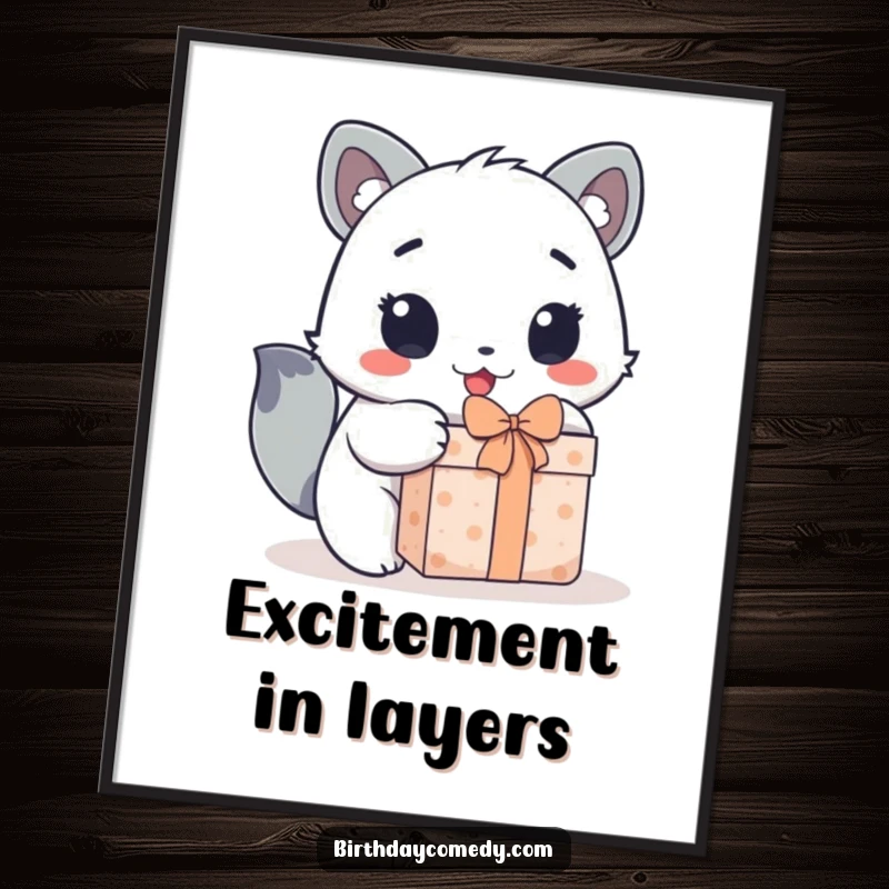 Funny digital art print of a cute animal character's wide, excited eyes as it enthusiastically unwraps a gift.