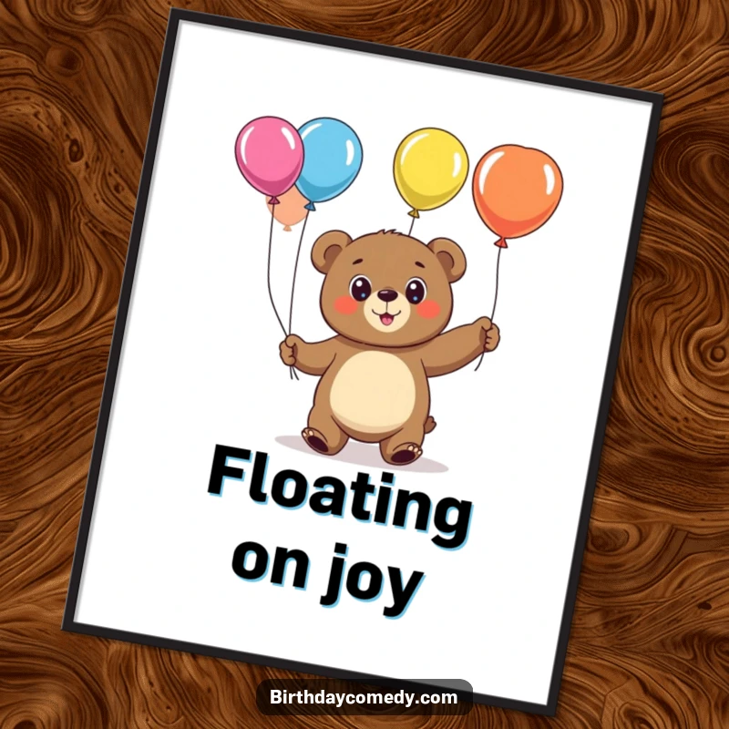 Funny bear digital art print, a cheerful, big-eyed character joyfully juggling a vibrant assortment of balloons.