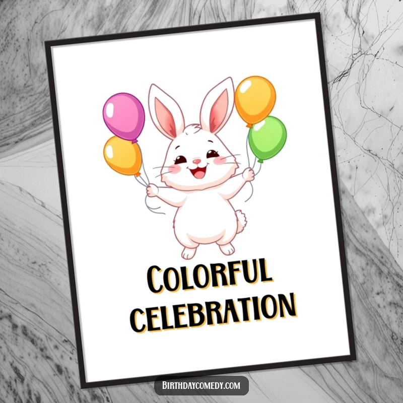 Funny digital art print of a fluffy bunny character juggling colorful balloons with a wide smile, full of joy and playfulness.