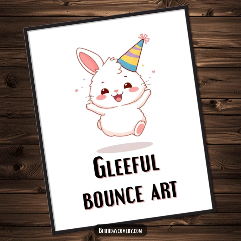 Funny digital art print of a fluffy bunny wearing a party hat, bouncing gleefully.