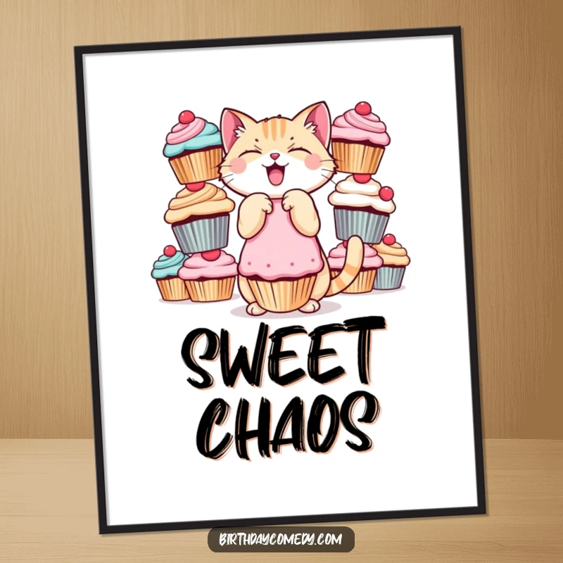 Funny cat digital art print, giggling, balancing cupcakes, sweet decor, perfect funny gift.
