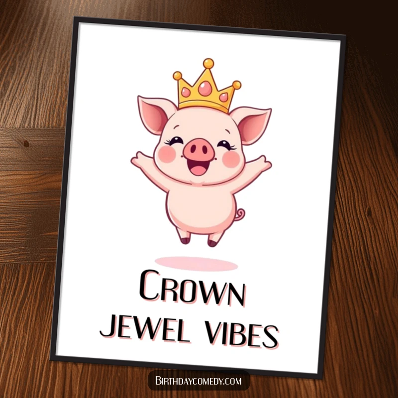 Funny digital art print of a happy piglet wearing a sparkly crown, captured mid-air in a delightful, joyful jump.