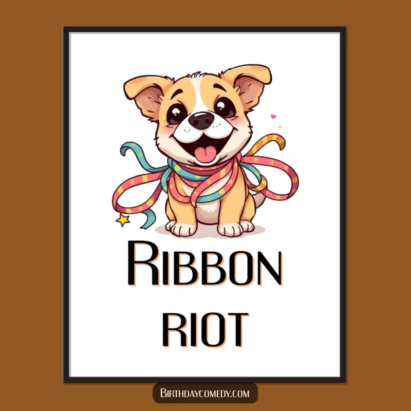 Funny Dog Ribbon Digital Print: Silly Dog in Festive Ribbons, Instant Humorous Decor Gift