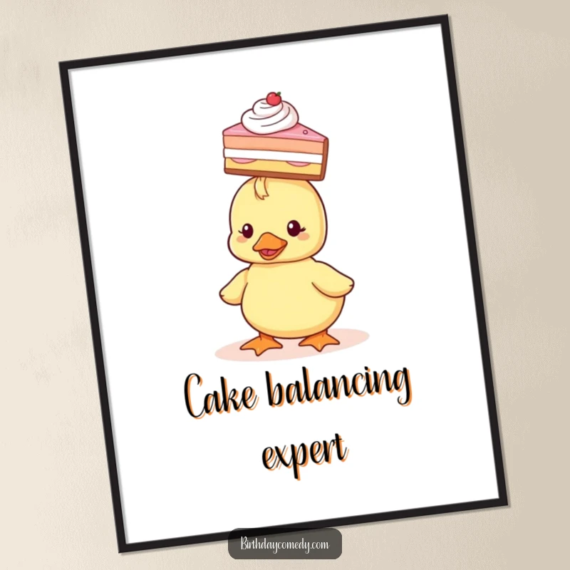 Funny Digital Art Print of a tiny duckling with a slice of cake balanced perfectly on its head, looking content.
