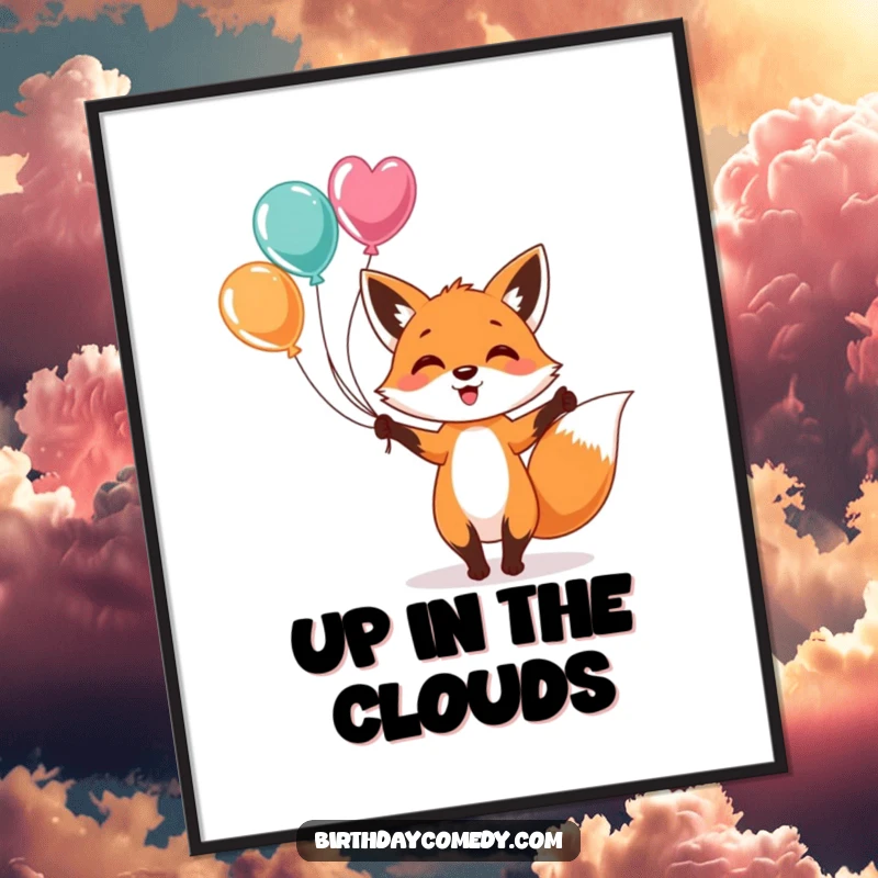 Funny Digital Art Print: A cheerful fox energetically juggling colorful balloons, creating a lively and humorous visual for instant wall decor.