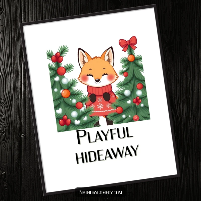 Funny fox digital art print, wearing a festive jumper, peeking from behind a tree, full of holiday mischief.