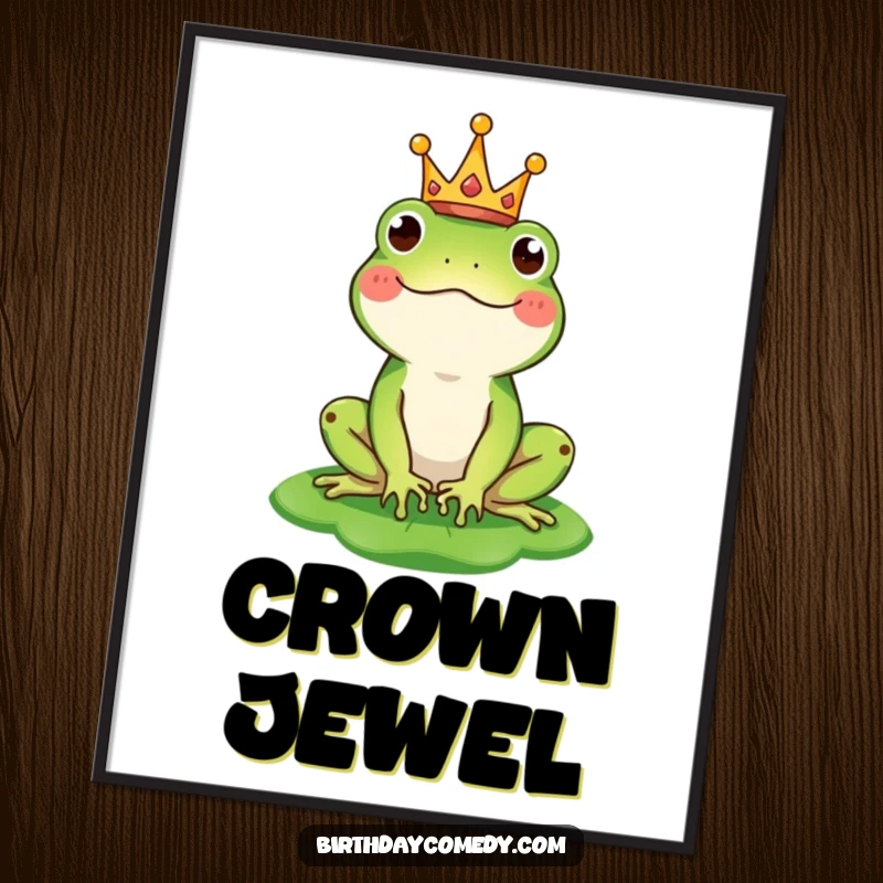 Funny digital art print of a happy frog character wearing a small crown and balancing a lily pad as a hat, exuding playful royalty.