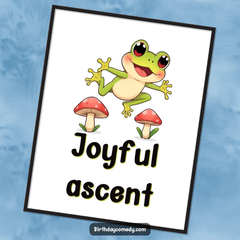 Funny digital art print of a joyful frog character with wide, curious eyes leaping between mushroom caps, full of energetic wonder.