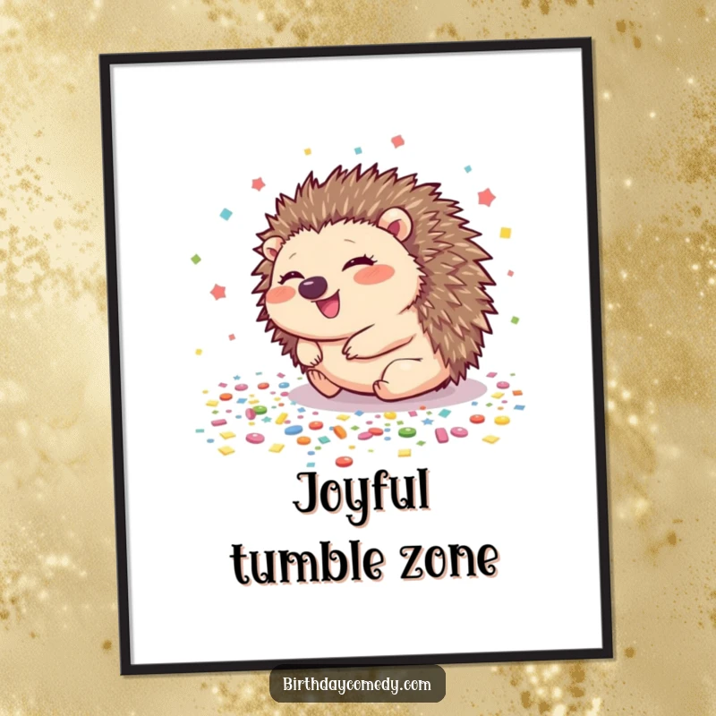 Funny hedgehog digital art print of a giggling hedgehog rolling across a confetti floor, ready for instant framing.