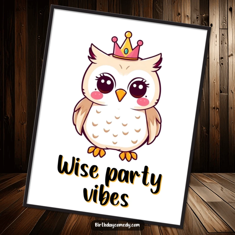 Funny digital art print of a joyful owl wearing a small party crown, radiating happiness and humor.