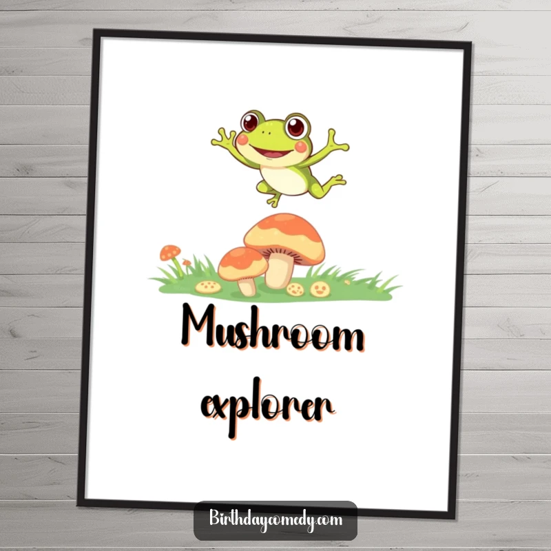 Funny Digital Art Print of a joyful frog leaping between mushroom caps, perfect for framing and display.