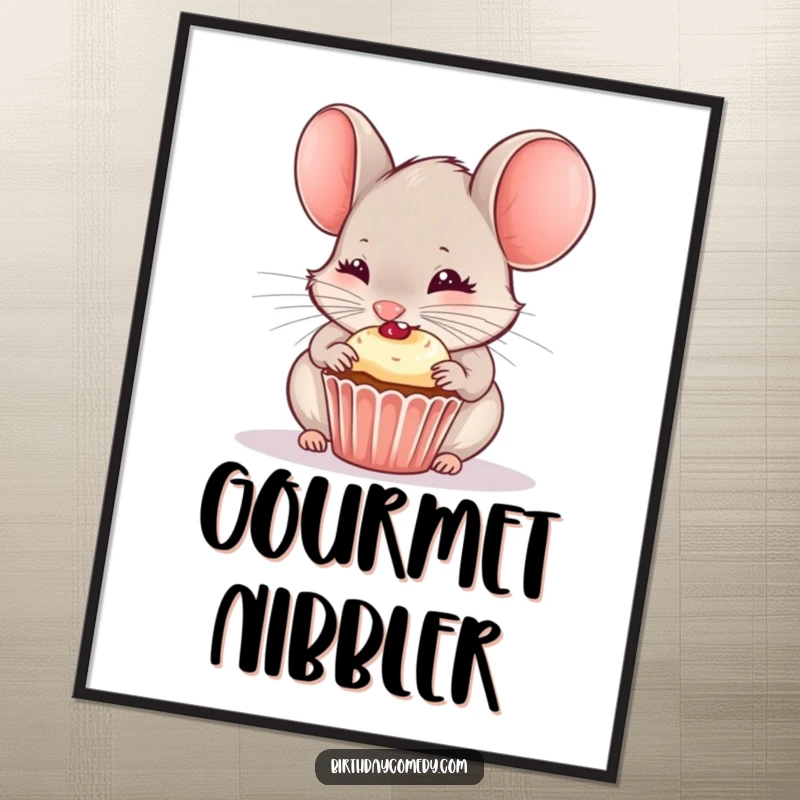 Funny digital art print of a curious mouse gleefully nibbling on a tiny, frosted cupcake.