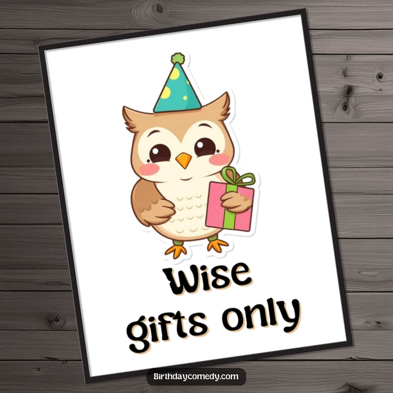 Funny owl digital art print, birthday celebration, holding a present, instant download, perfect funny gift.