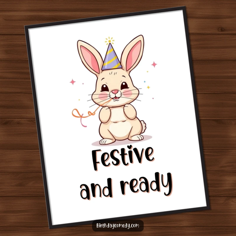 Funny digital art print of a cheerful bunny in a party hat blowing a streamer with intense, happy focus.