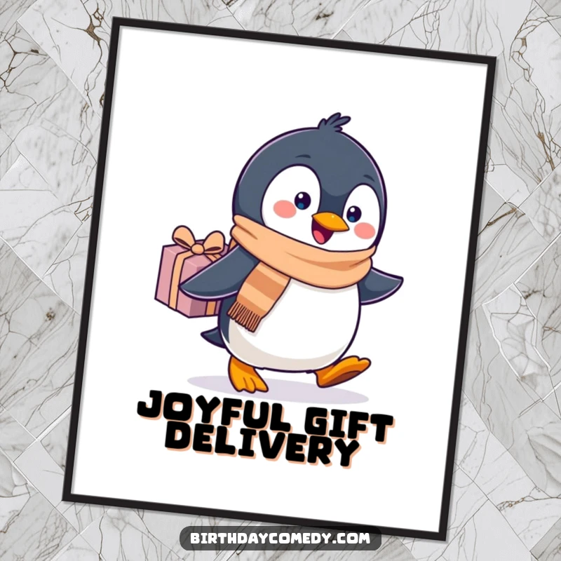 Funny penguin digital art print, wearing a scarf, energetically waddling with a present, full of holiday spirit.