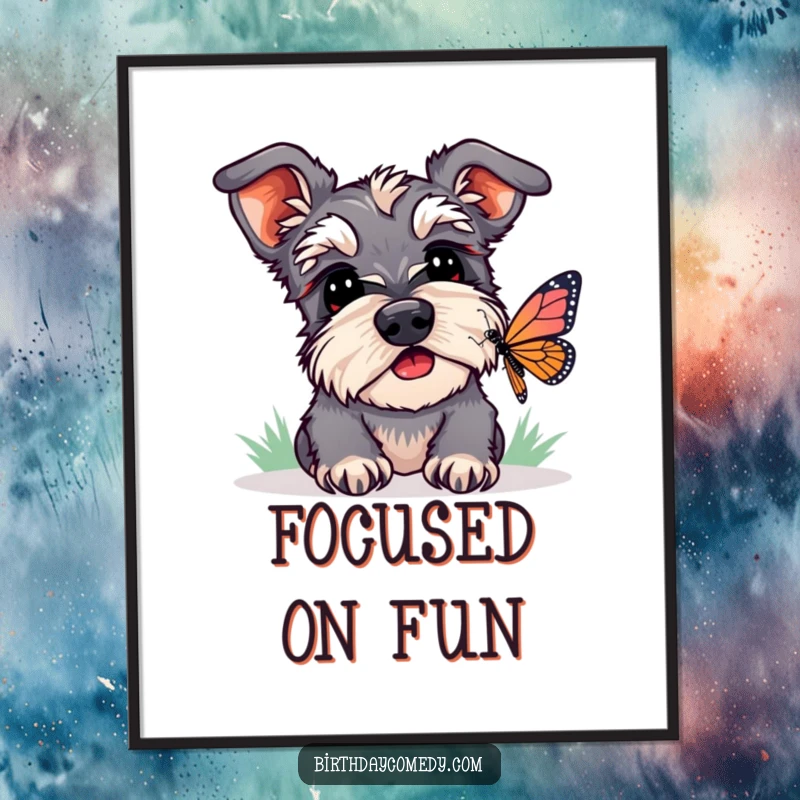 Funny schnauzer digital art print of a dog watching a butterfly, showcasing curiosity and humorous pet moments.