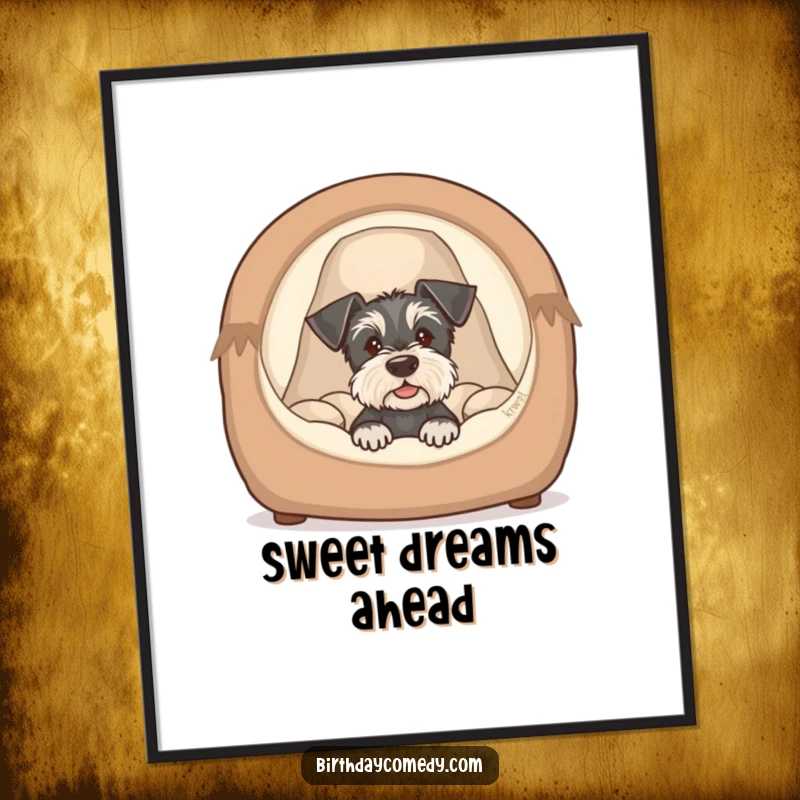 Funny schnauzer digital art print of a cute puppy peeking from a cozy bed, showcasing innocence and humorous charm.