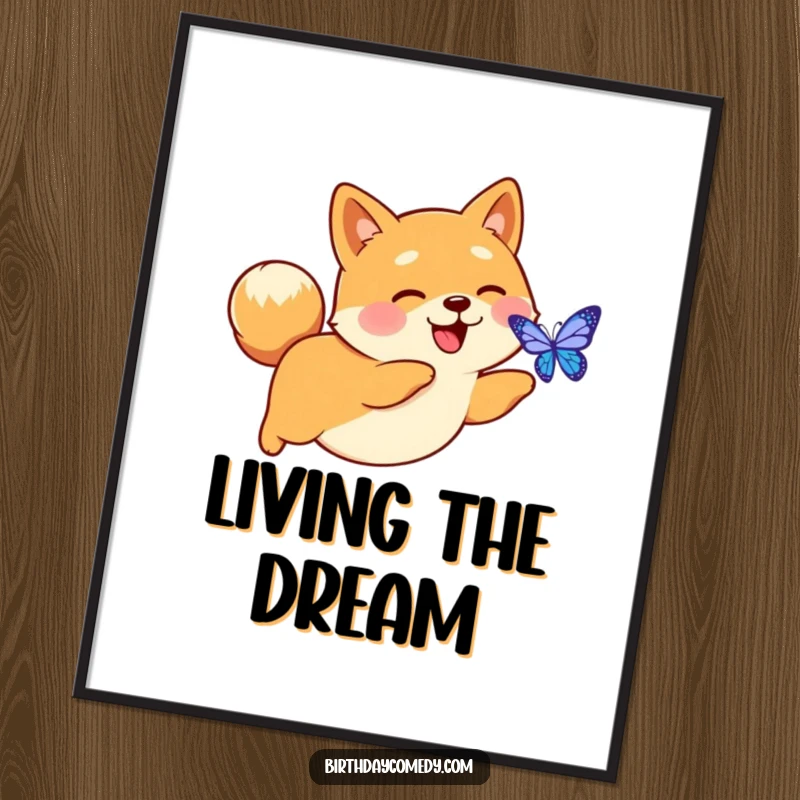Funny digital art of a happy Shiba Inu with a perky tail, enthusiastically chasing a glowing digital butterfly.