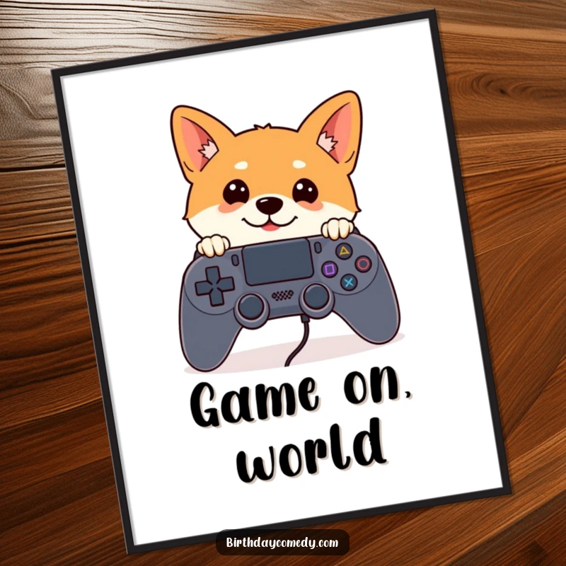 Funny Shiba Inu digital art print of a curious Shiba Inu peeking over a giant game controller, perfect for gamer rooms.