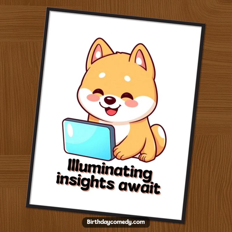 Funny Shiba Inu digital art print of a Shiba Inu with a head tilt, mesmerized by a screen, perfect for digital decor.