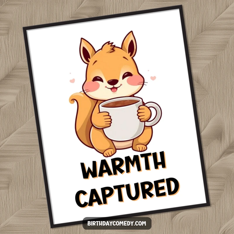 Funny Squirrel Cocoa Digital Art Print: A content squirrel with rosy cheeks holds a warm mug of cocoa, printable cozy art.