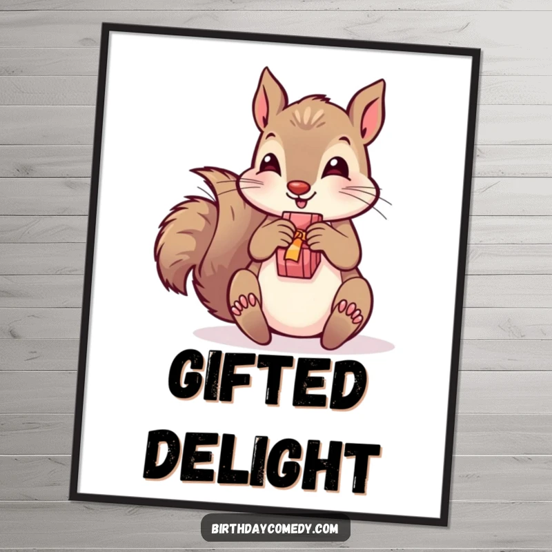 Funny digital art print of a playful squirrel unwrapping a present, offering instant festive and humorous decor.