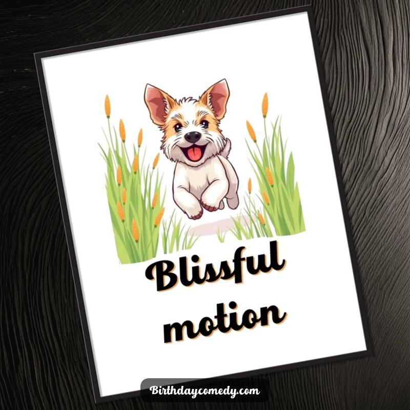 Funny terrier digital art print of a happy dog running through tall grass, ears flapping, perfect for joyful wall decor.