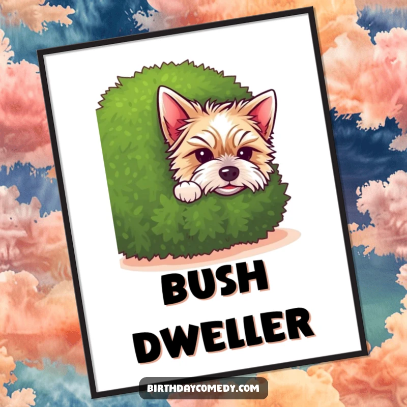 Funny terrier digital art print of a cute puppy peeking from behind a shrub, perfect for charming wall decor.