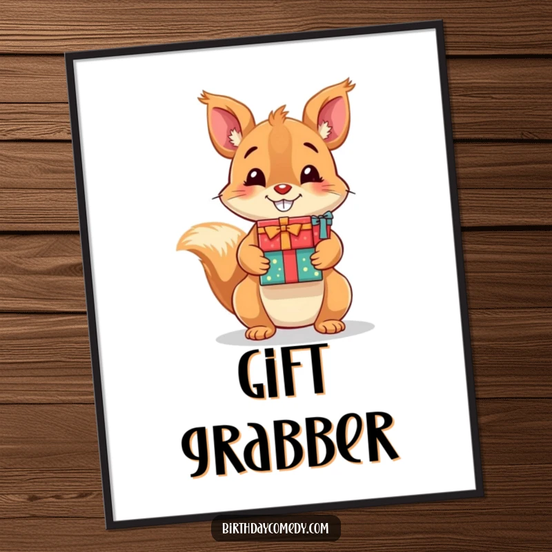 Funny digital art print of a playful squirrel with a wide grin, holding a substantial stack of wrapped presents.