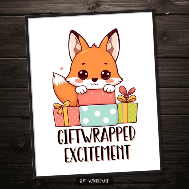 Funny fox digital art print of a cheerful fox with big eyes peeking from behind stacked presents, ready for instant framing.