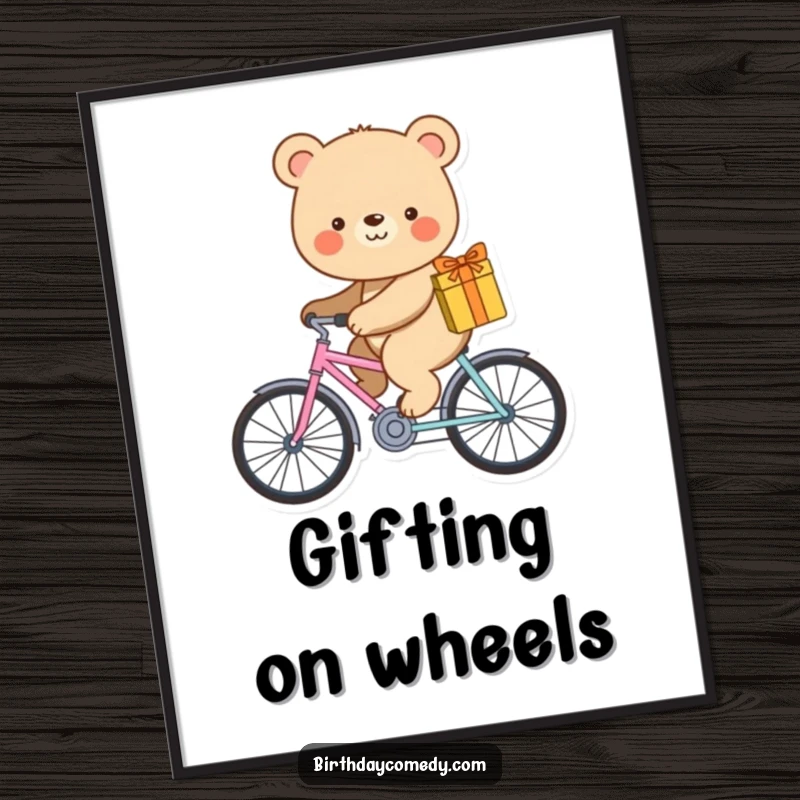 Funny digital art print of a smiling bear happily riding a tiny bicycle with a gift.