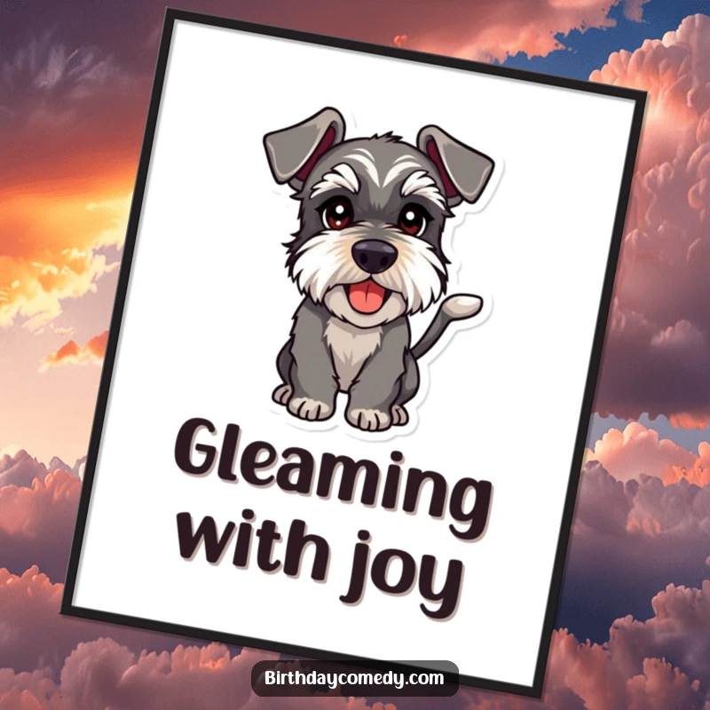 Funny schnauzer digital art print of a dog with playful intent, showcasing mischievous joy for humorous wall decor.