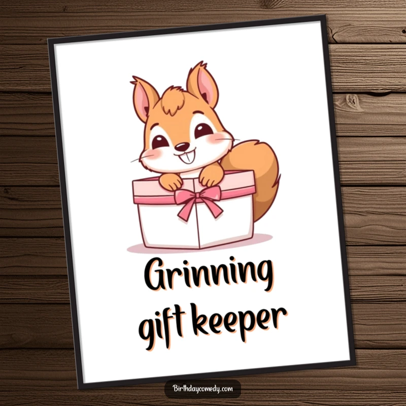 Funny Digital Art Print of a curious squirrel with a wide grin, peeking out from inside a gift box, exuding mischief.