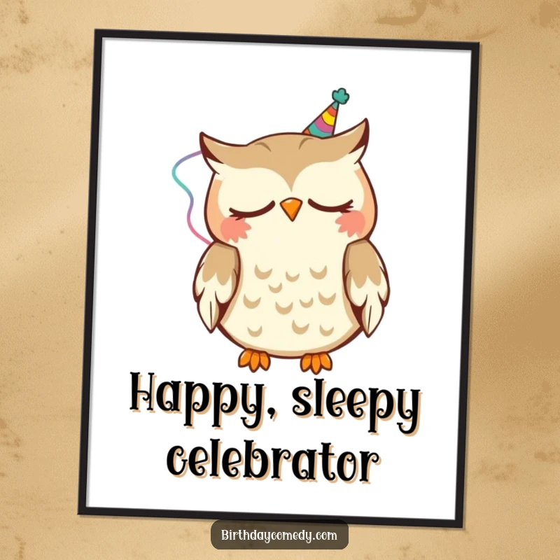 Funny Digital Art Print of a sleepy owl adorned with a party streamer, happily nodding, exuding gentle humor.