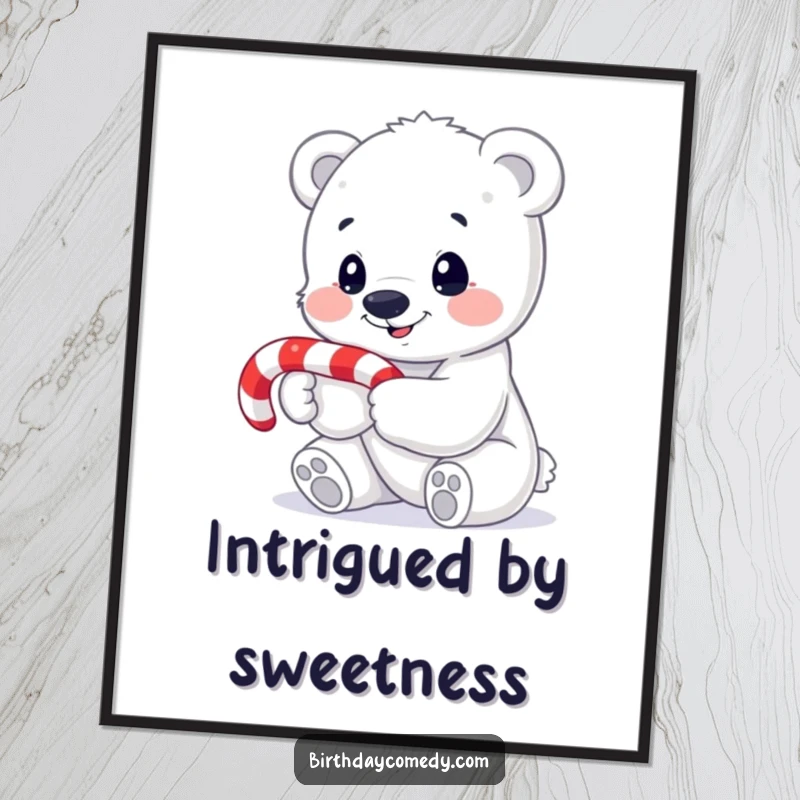 Funny polar bear cub digital art print, sweetly holding a candy cane, full of wonder, perfect for instant festive decor.