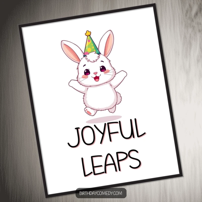 Funny bunny digital art print, a fluffy character in a party hat, joyfully bouncing with exuberant, party vibes.