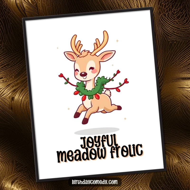 Funny digital art: A cute deer wearing a festive garland skips happily, creating a joyful and festive piece of wall art.