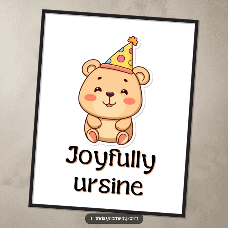 Funny digital art print of a smiling bear wearing an oversized party hat, bringing humor and celebration.