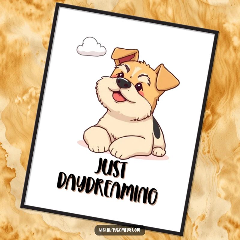 Funny terrier digital art print of a content dog resting on paws, gazing at a distant cloud, perfect for serene wall decor.