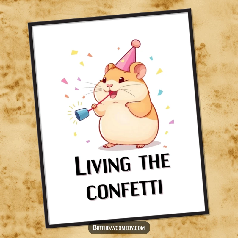 Funny Digital Art Print: Plump hamster wearing a streamer enthusiastically chases a confetti blast, full of joy.