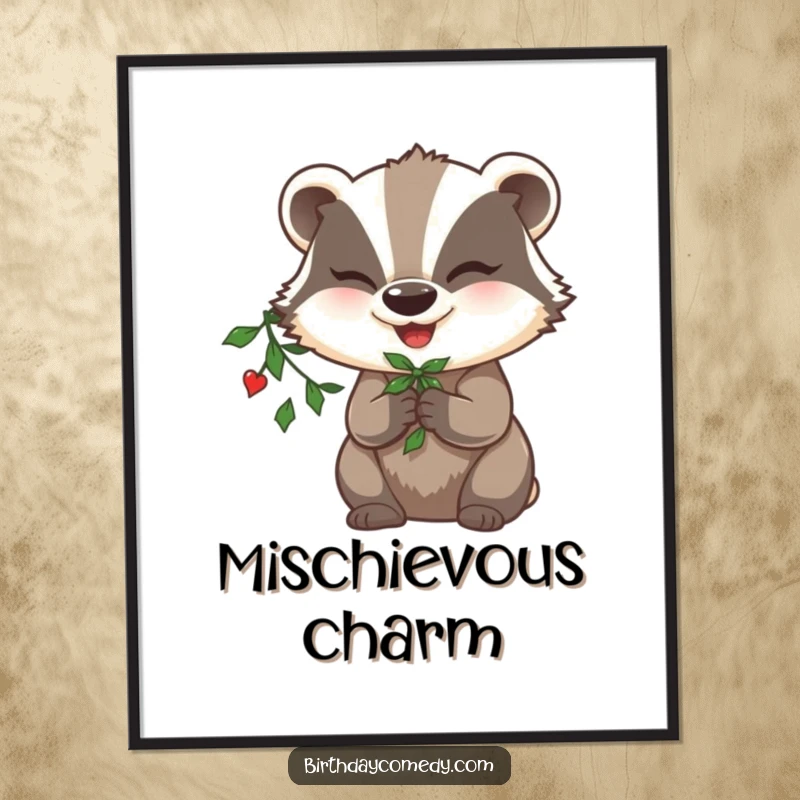Funny badger digital art print, holding mistletoe, winking playfully, full of holiday cheer and mischief.