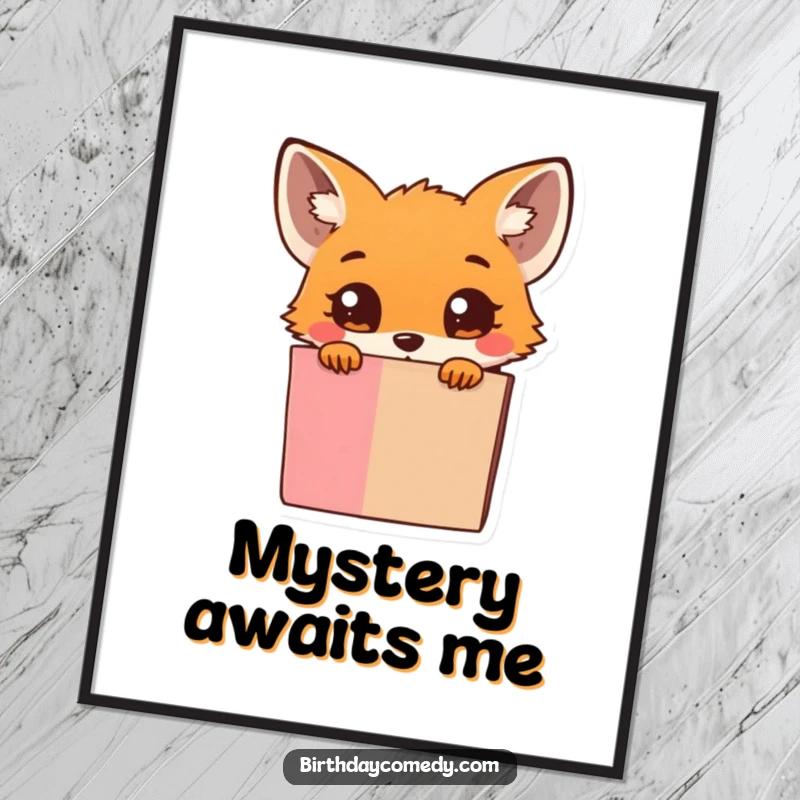 Funny Digital Art Print: Tiny fox with big, curious eyes peeking from a giant gift box, full of wonder.