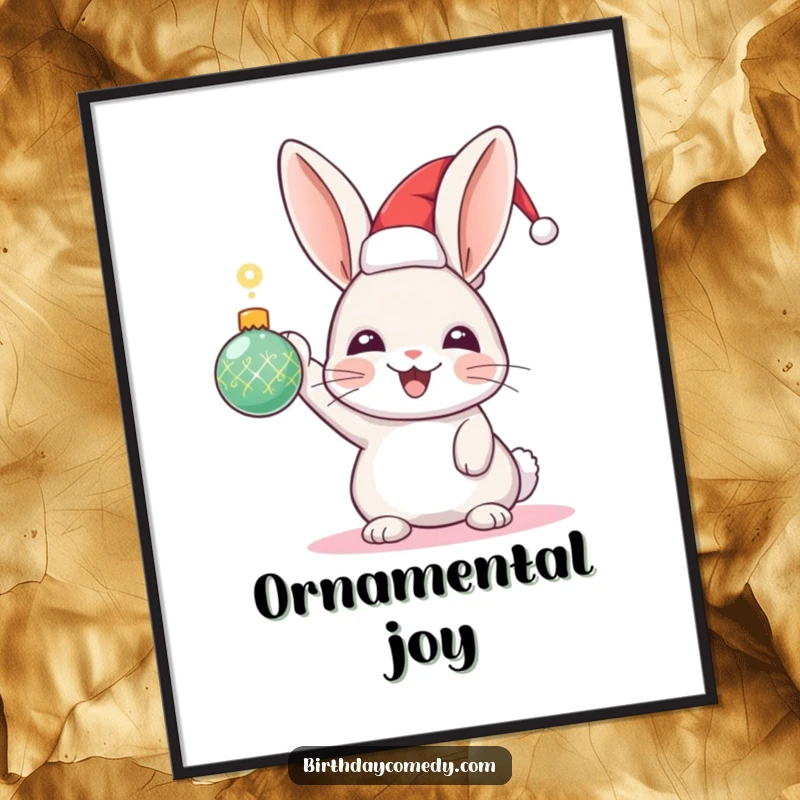 Funny Rabbit Holiday Digital Art Print: A joyful rabbit in a festive hat holds a sparkling ornament aloft, printable holiday cheer.