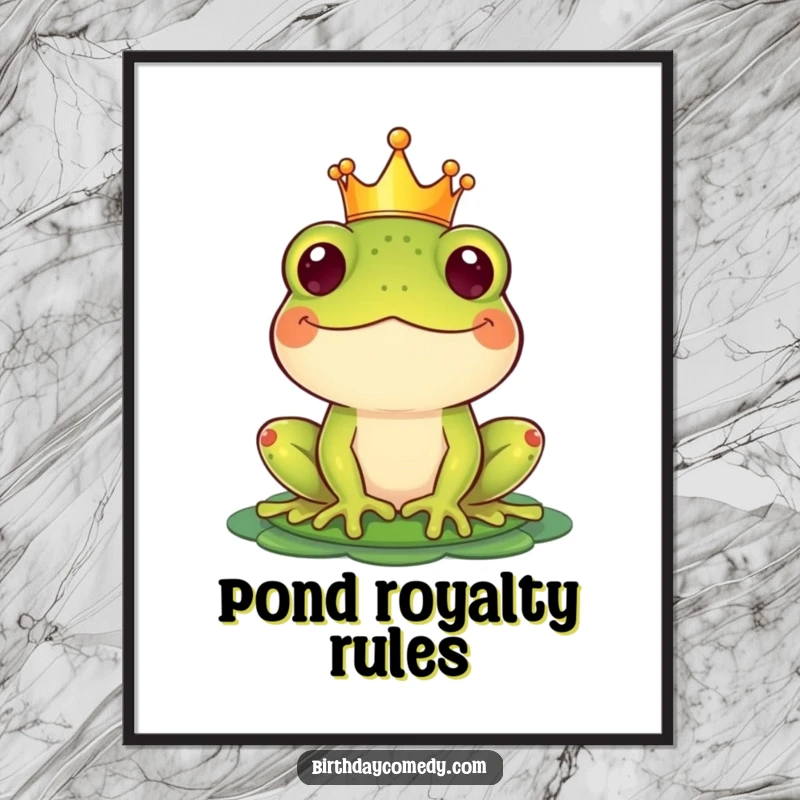 Funny Digital Art Print of a happy frog wearing a crown and balancing a lily pad hat, perfect for framing.