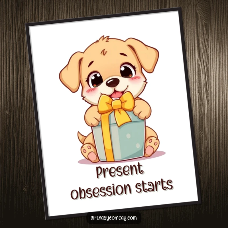 Funny Digital Art Print of a wide-eyed puppy with sheer delight as it unwraps a colorful present, radiating happiness.