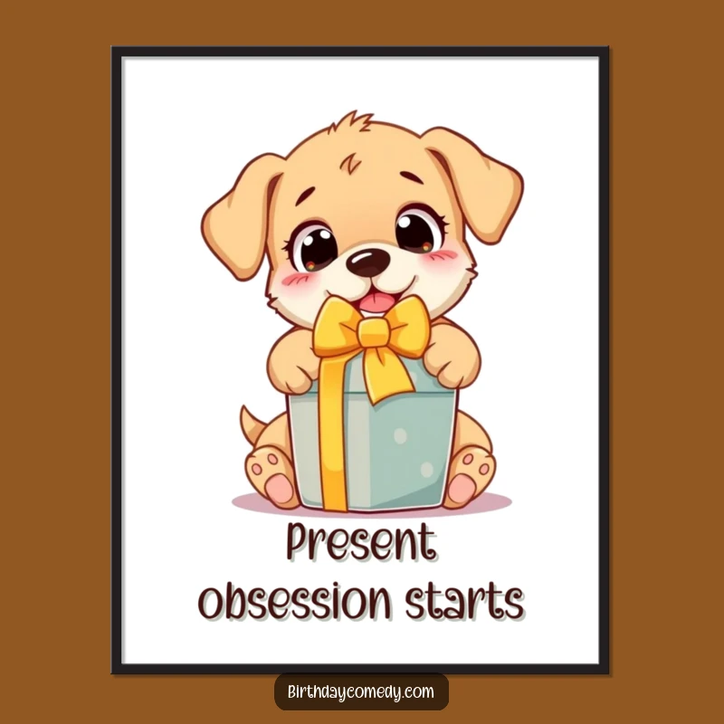 Funny Puppy Digital Art: Instant download of a pup unwrapping a gift, a hilariously joyful piece for your walls and a perfect gift.