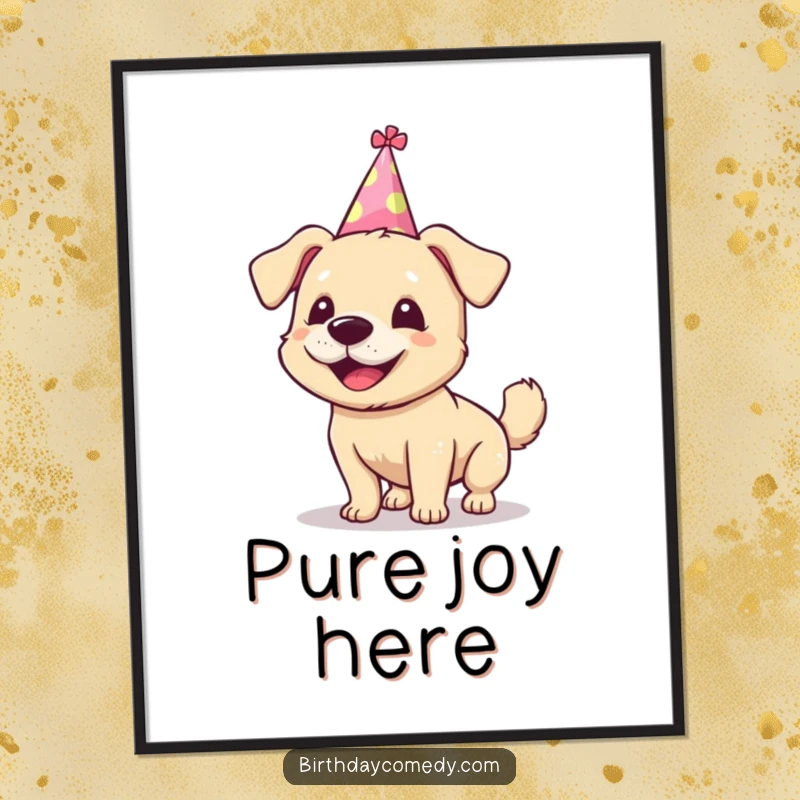 Funny dog digital art print, silly party hat, wagging tail, cheerful decor, perfect funny gift.