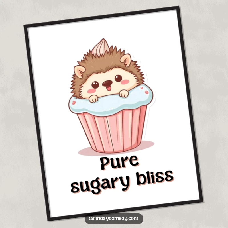Funny Digital Art Print: A happy hedgehog peeking from behind a giant cupcake, creating a cute, sweet, and humorous visual for immediate wall decor.