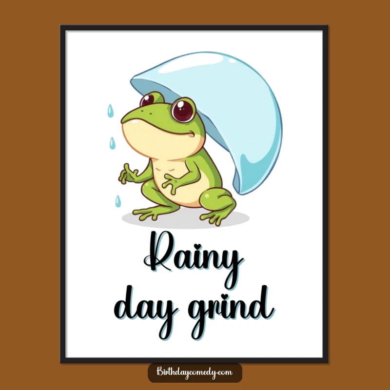 Funny Frog Pushing Raindrop Digital Art - Comical Amphibian Wall Art Gift