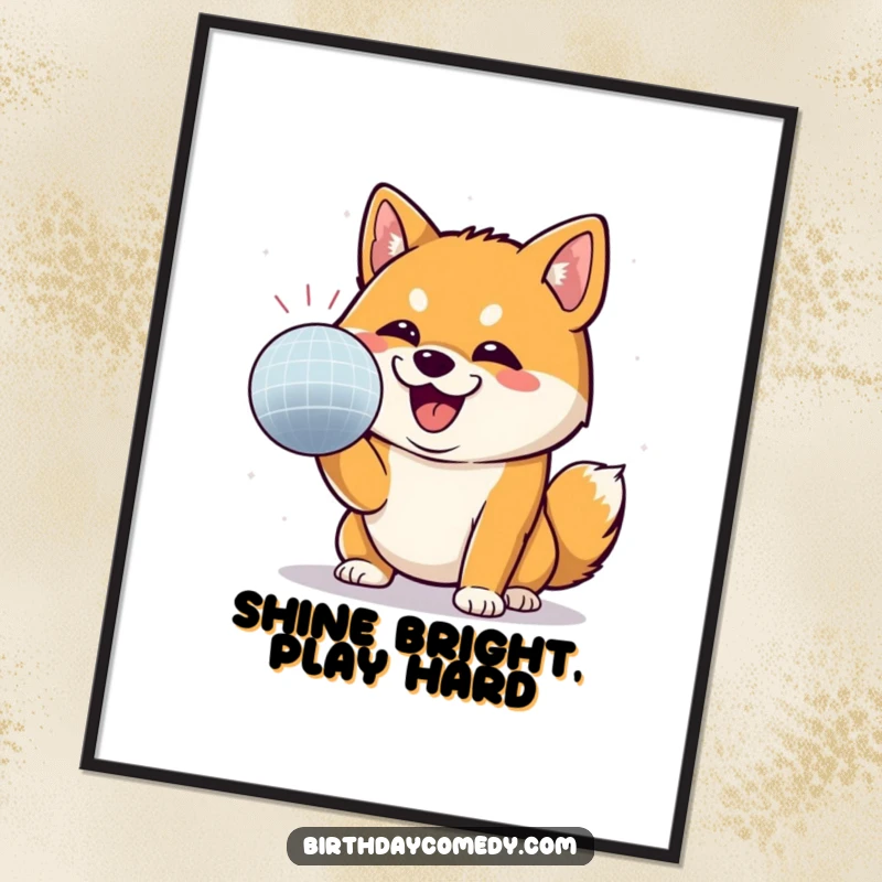 Funny Shiba Inu digital art print of a Shiba Inu excitedly batting at a disco ball, radiating pure party joy.